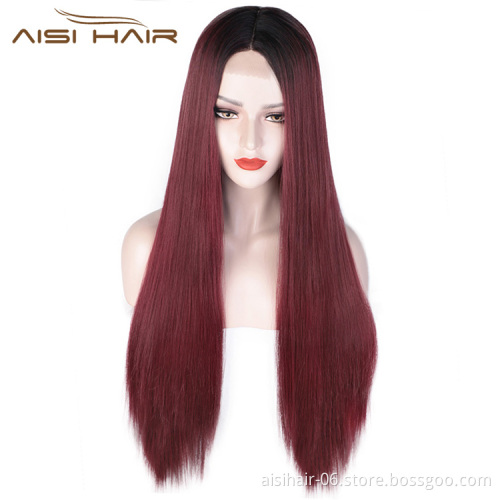 Aisi Hair Long Ombre Red Dark Root Wig Silky Straight Lace Frontal Wig Middle Part Synthetic Front Lace Hair Wigs For Women